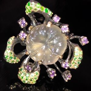 Magnificent Carved White Moonstone Amethyst Ring